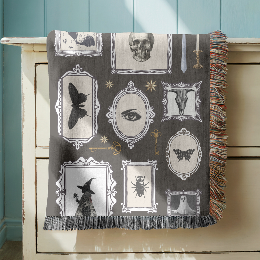 Gothic Halloween Blanket, Comfort Color Throw, Dark Academia Home Decor, Witchy Skull & Butterfly Blanket, Spooky Gift for Her