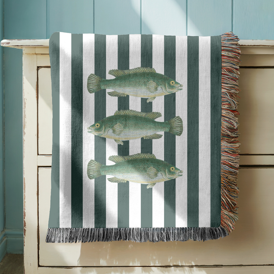 Vintage Fish Blanket, Comfort Color Throw, Coastal Fishing Decor, Nautical Lake House Blanket, Angler Gift, Fisherman Gift for Dad