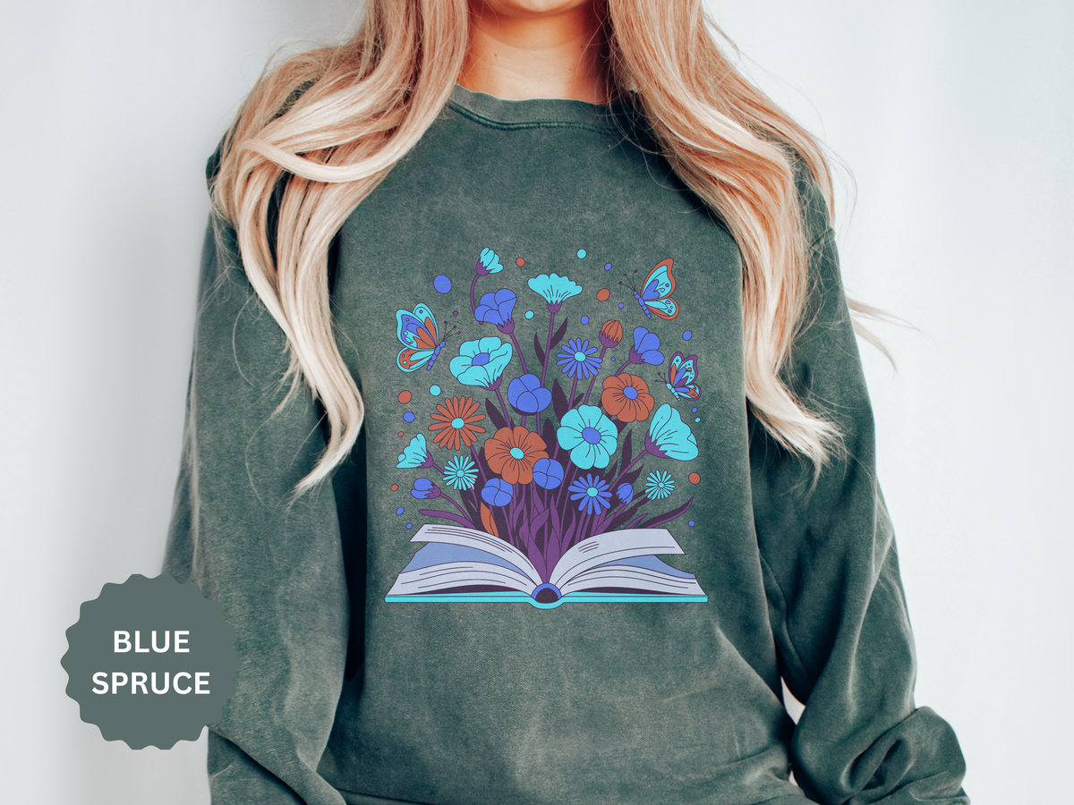 Book Lover Floral Sweatshirt, Open Book and Wildflower Crewneck, Reader Librarian Gift, Cozy Literary Pullover for Women and Teachers