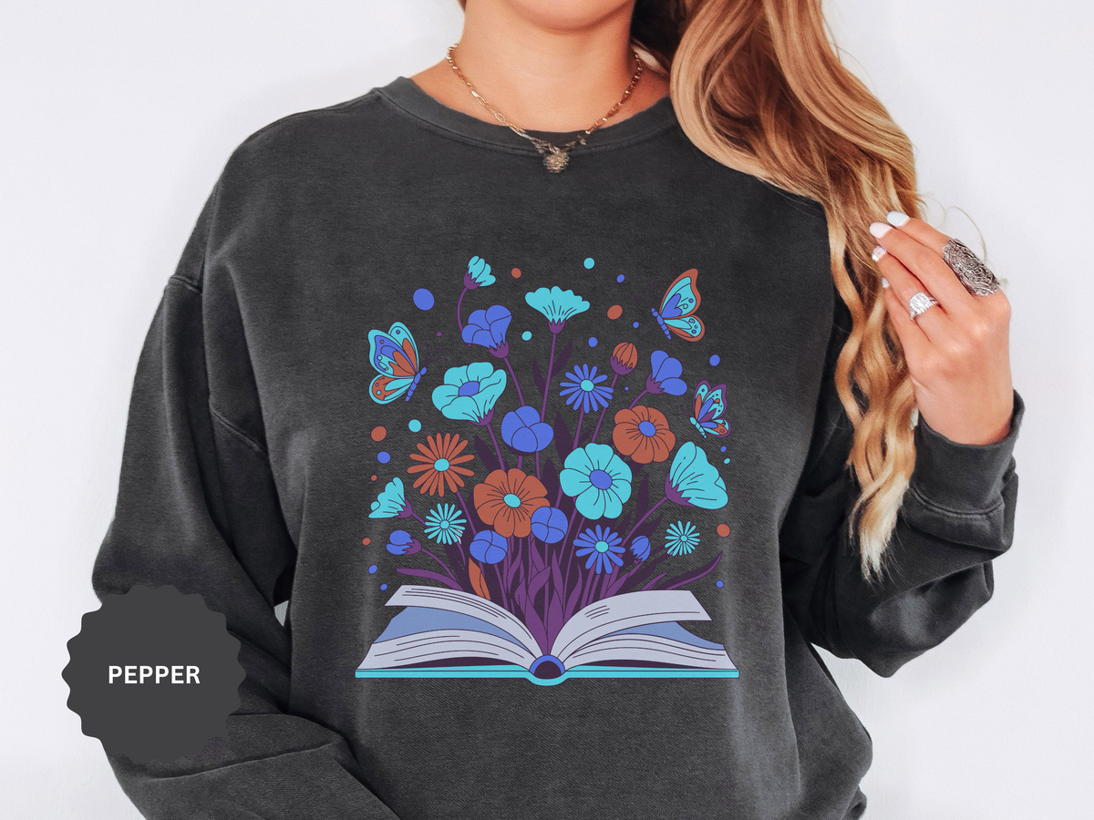Book Lover Floral Sweatshirt, Open Book and Wildflower Crewneck, Reader Librarian Gift, Cozy Literary Pullover for Women and Teachers