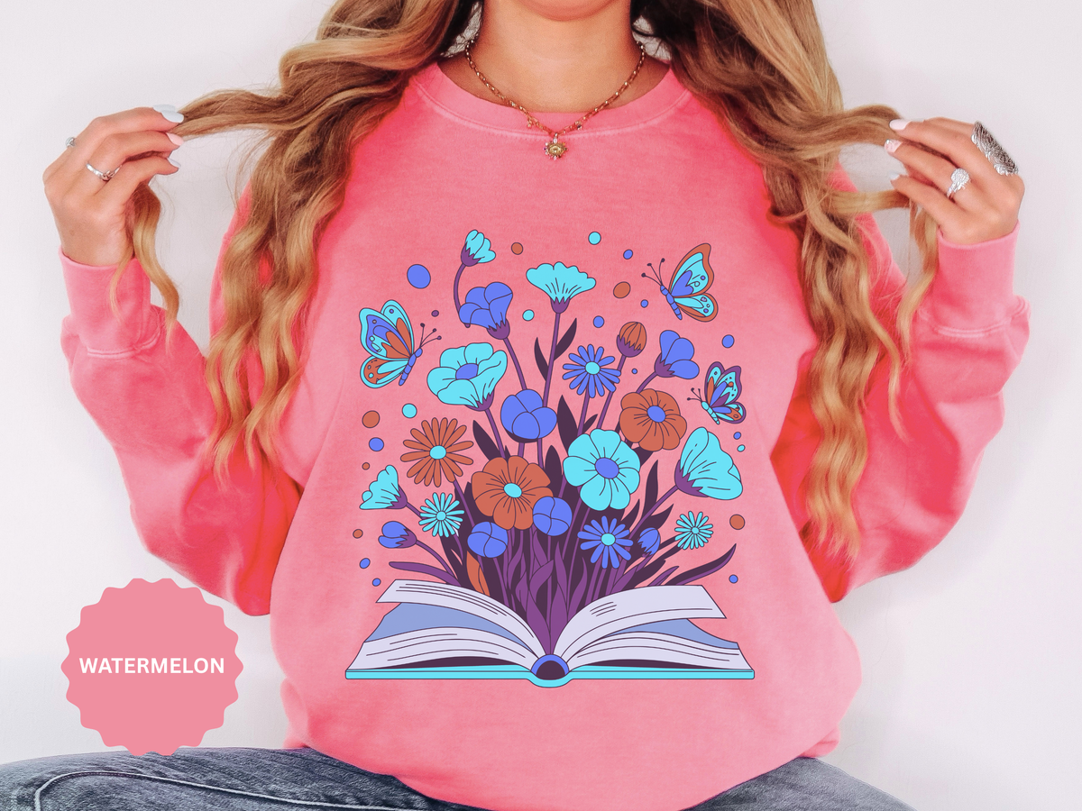 Book Lover Floral Sweatshirt, Open Book and Wildflower Crewneck, Reader Librarian Gift, Cozy Literary Pullover for Women and Teachers