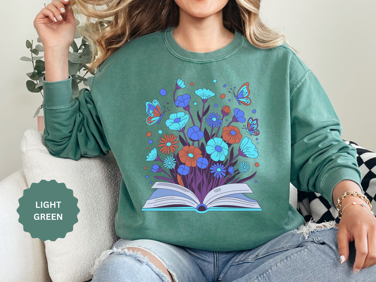 Book Lover Floral Sweatshirt, Open Book and Wildflower Crewneck, Reader Librarian Gift, Cozy Literary Pullover for Women and Teachers