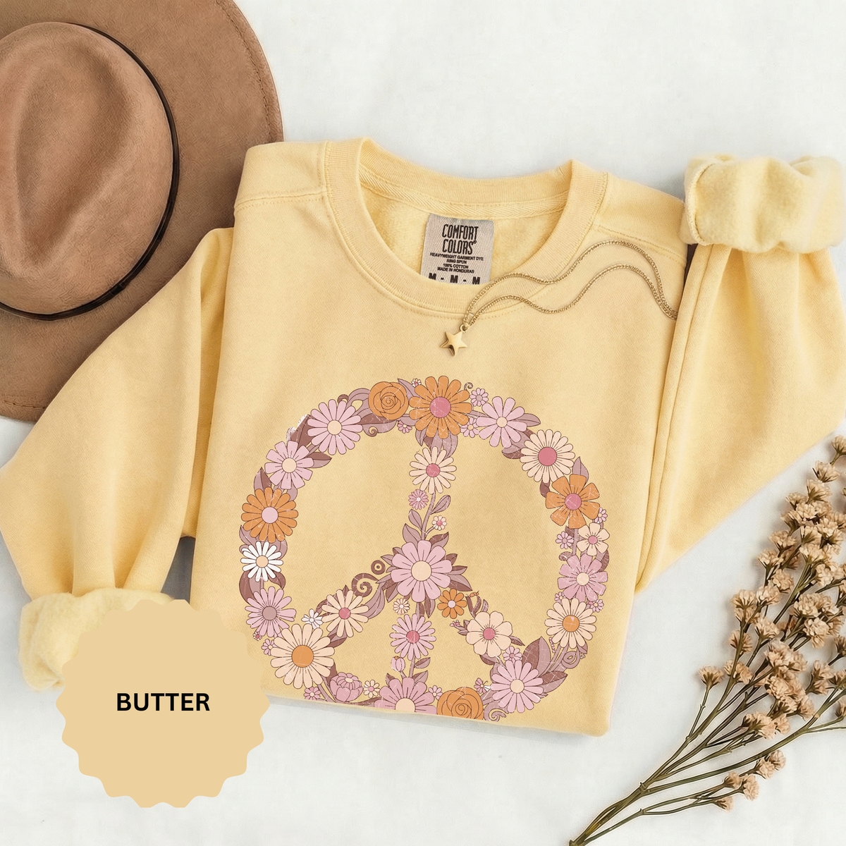Floral Peace Sign Sweatshirt, Retro Daisy Crewneck for Women, Hippie Flower Gift, Cozy Boho Pullover for Festivals and Everyday Wear