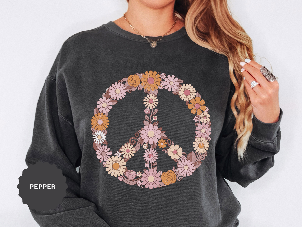 Floral Peace Sign Sweatshirt, Retro Daisy Crewneck for Women, Hippie Flower Gift, Cozy Boho Pullover for Festivals and Everyday Wear