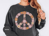 Floral Peace Sign Sweatshirt, Retro Daisy Crewneck for Women, Hippie Flower Gift, Cozy Boho Pullover for Festivals and Everyday Wear