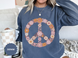 Floral Peace Sign Sweatshirt, Retro Daisy Crewneck for Women, Hippie Flower Gift, Cozy Boho Pullover for Festivals and Everyday Wear