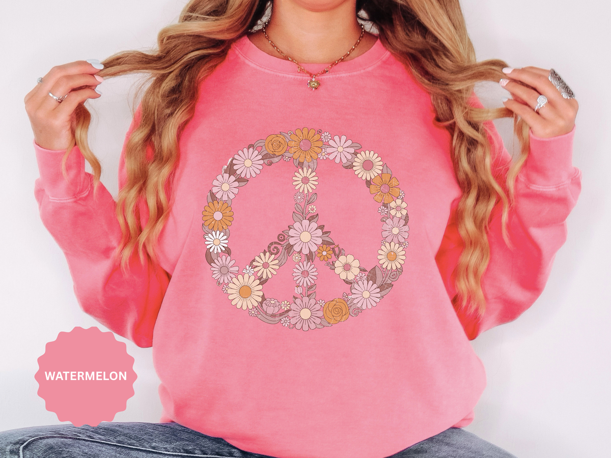 Floral Peace Sign Sweatshirt, Retro Daisy Crewneck for Women, Hippie Flower Gift, Cozy Boho Pullover for Festivals and Everyday Wear
