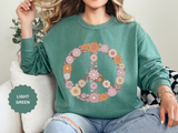 Floral Peace Sign Sweatshirt, Retro Daisy Crewneck for Women, Hippie Flower Gift, Cozy Boho Pullover for Festivals and Everyday Wear