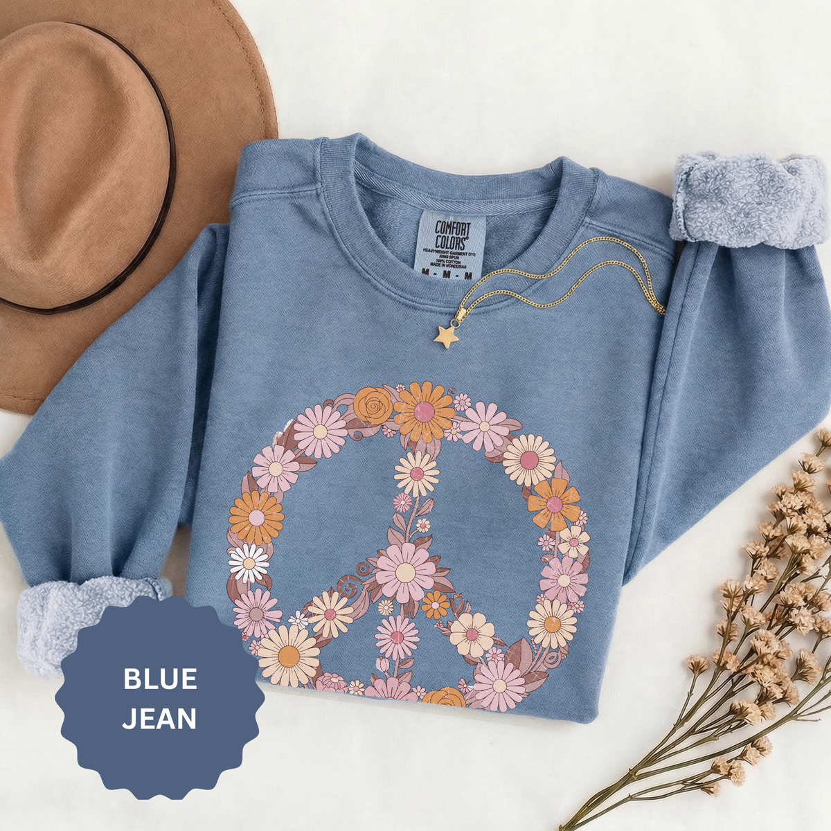 Floral Peace Sign Sweatshirt, Retro Daisy Crewneck for Women, Hippie Flower Gift, Cozy Boho Pullover for Festivals and Everyday Wear