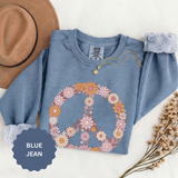 Floral Peace Sign Sweatshirt, Retro Daisy Crewneck for Women, Hippie Flower Gift, Cozy Boho Pullover for Festivals and Everyday Wear