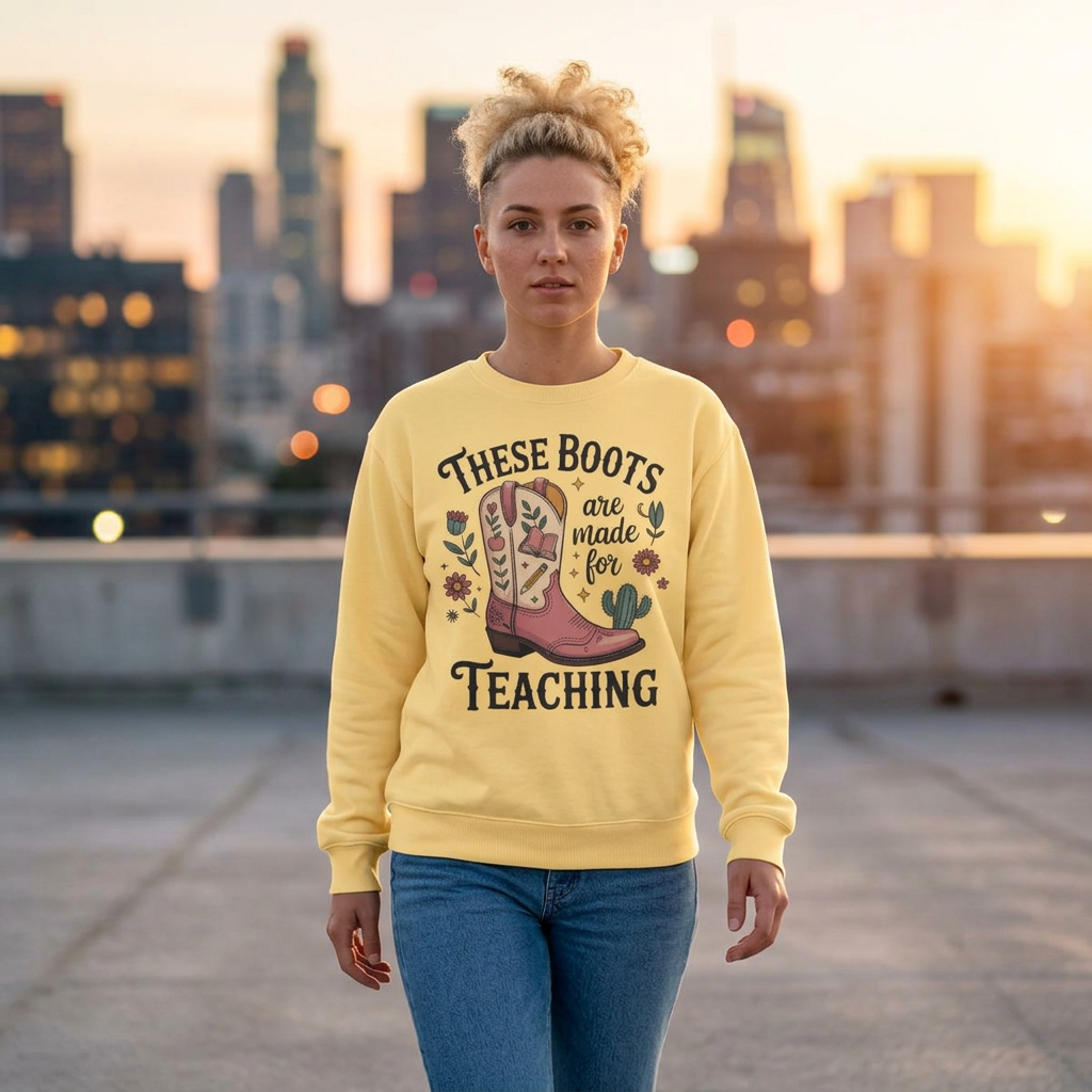 These Boots Are Made for Teaching Sweatshirt, Western Teacher Crewneck, Cowgirl Educator Gift, Cozy Back to School Pullover for Women