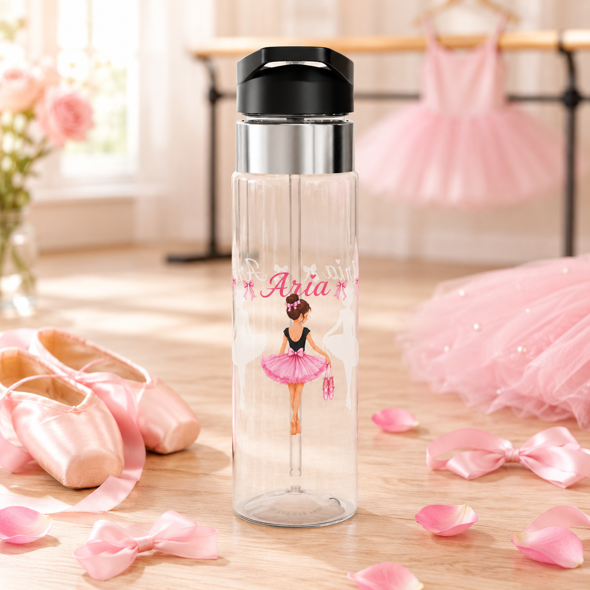 Personalized Ballerina Water Bottle, Custom Name Dance Girls Tumbler, Ballet Birthday Gift, Pink Bottle for Young Dancers
