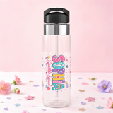 Clear plastic water bottle with a black flip lid and a straw, printed with the name Sophia in rainbow bubble letters filled with hearts and stars, and Sparkle Squad in pink script.