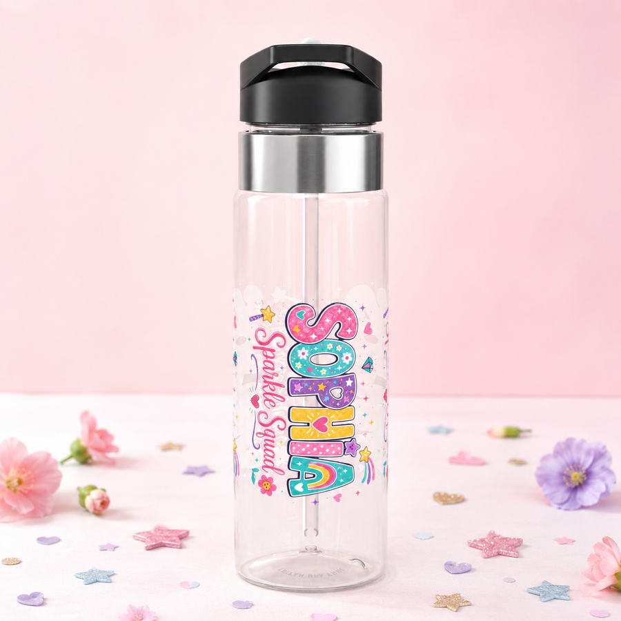 Clear plastic water bottle with a black flip lid and a straw, printed with the name Sophia in rainbow bubble letters filled with hearts and stars, and Sparkle Squad in pink script.