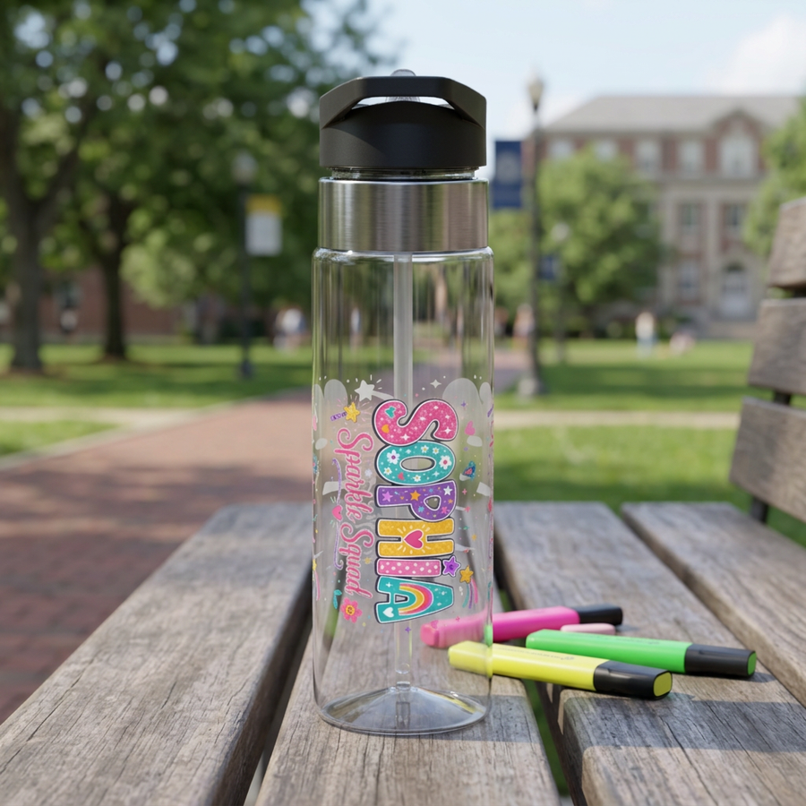 Clear plastic water bottle with a black flip lid and a straw, printed with the name Sophia in rainbow bubble letters filled with hearts and stars, and Sparkle Squad in pink script.