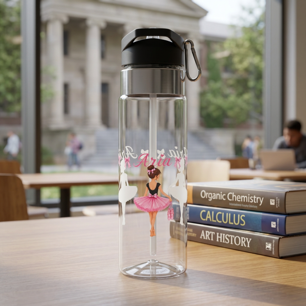 Clear plastic water bottle with a black flip lid and a straw, printed with a ballerina in a pink tutu holding pointe shoes, under the name Aria in pink script with pale dancers behind.