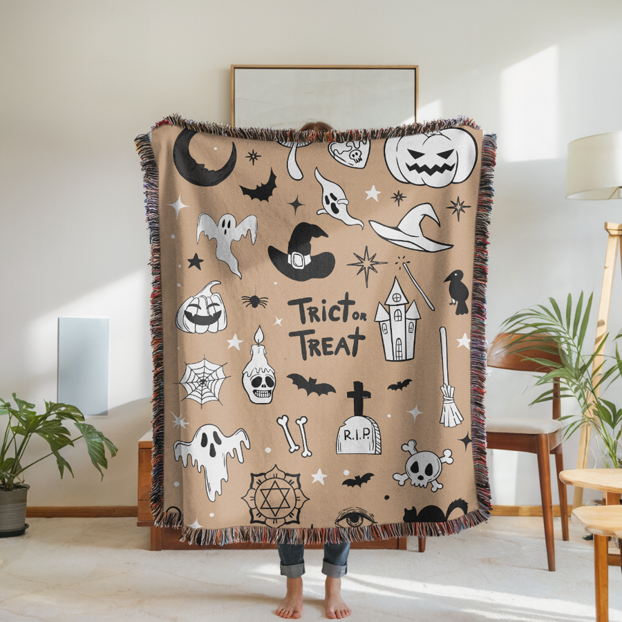 Halloween Trick or Treat Woven Blanket, Spooky Ghost Throw Blanket, Comfort Color Cute Halloween Blanket, Witchy Fall Home Decor