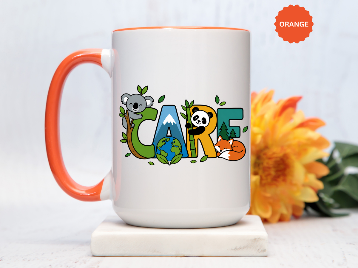 Earth Care Animal Mug, Eco Awareness Coffee Cup, Cute Wildlife Conservation Gift for Nature Lover, Earth Day Gift for Teacher or Mom