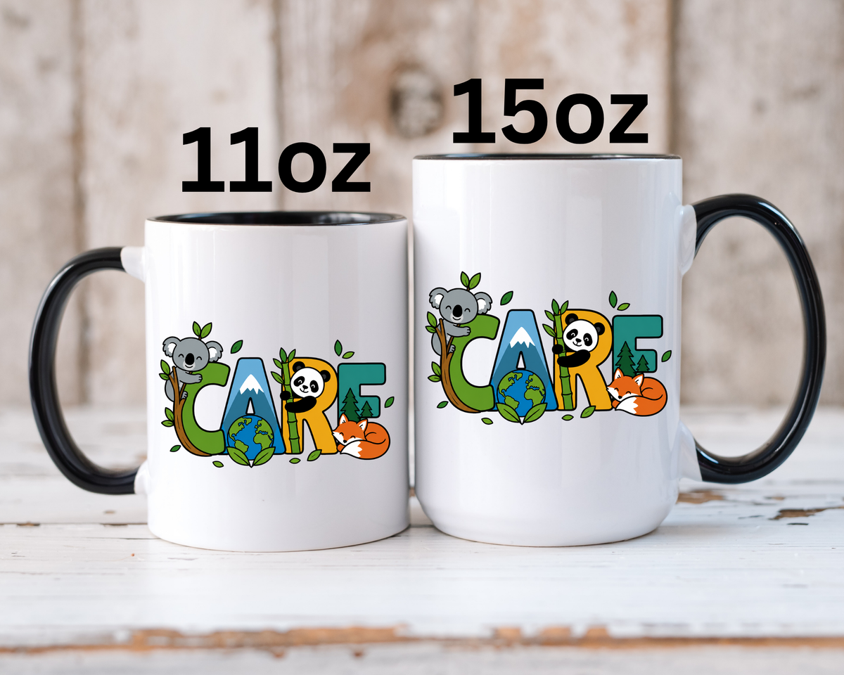Earth Care Animal Mug, Eco Awareness Coffee Cup, Cute Wildlife Conservation Gift for Nature Lover, Earth Day Gift for Teacher or Mom