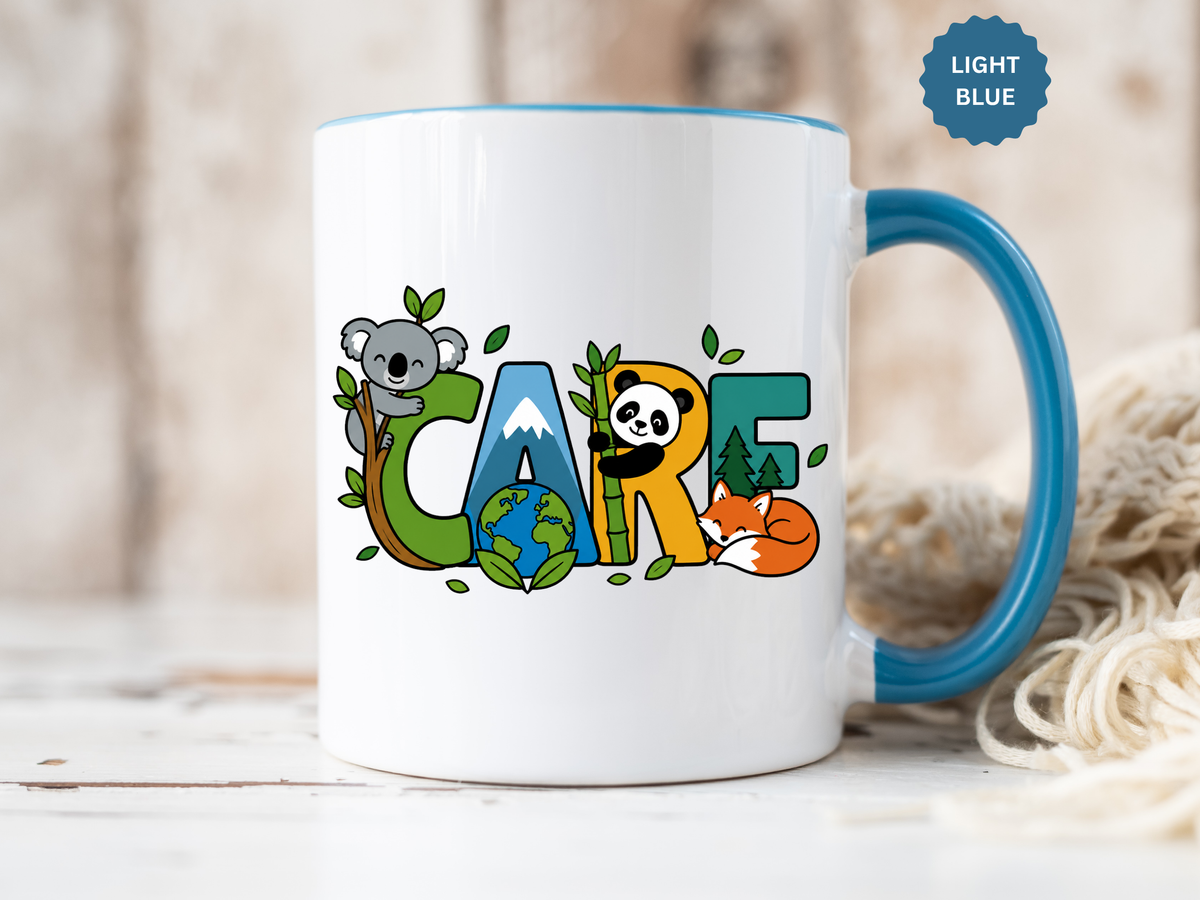 Earth Care Animal Mug, Eco Awareness Coffee Cup, Cute Wildlife Conservation Gift for Nature Lover, Earth Day Gift for Teacher or Mom
