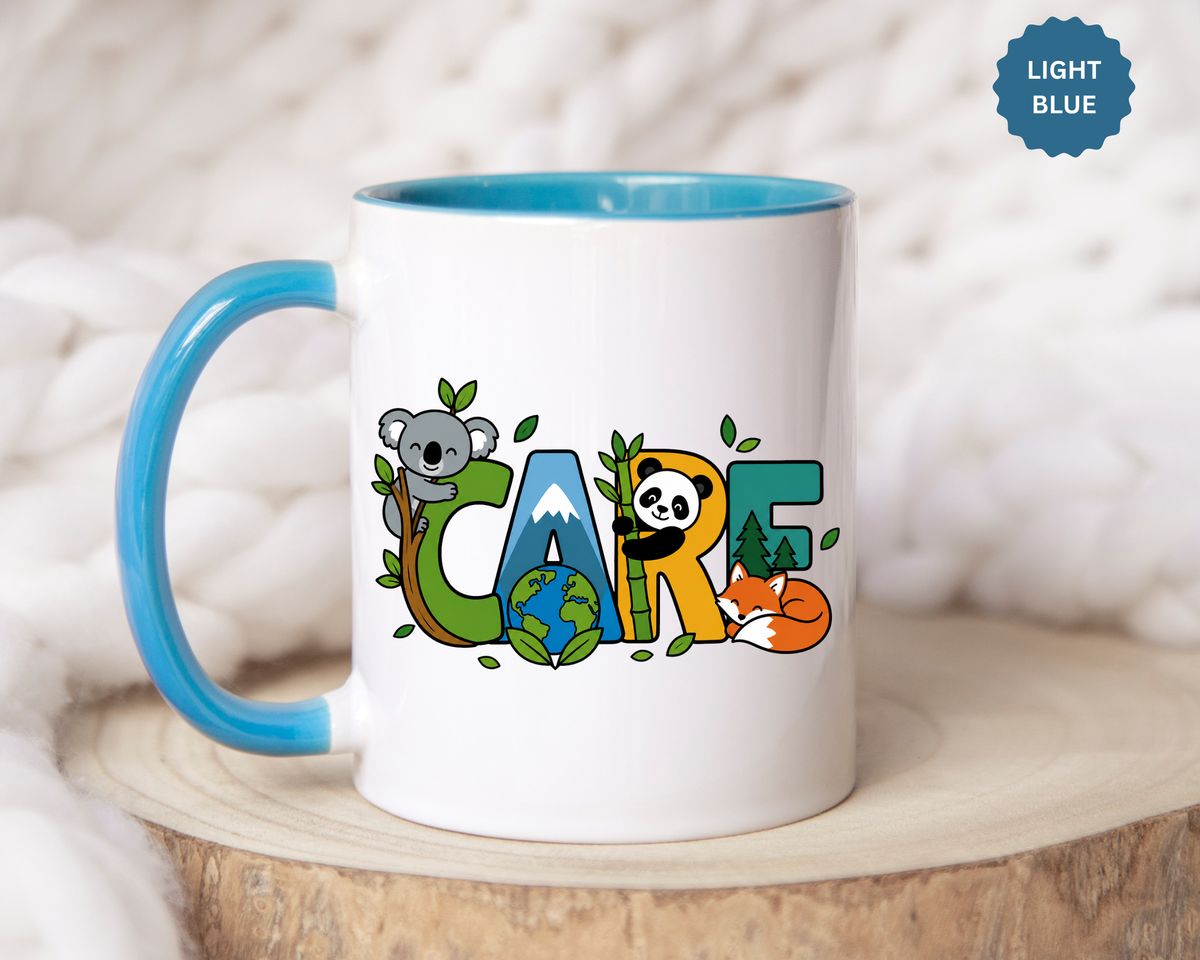 Earth Care Animal Mug, Eco Awareness Coffee Cup, Cute Wildlife Conservation Gift for Nature Lover, Earth Day Gift for Teacher or Mom