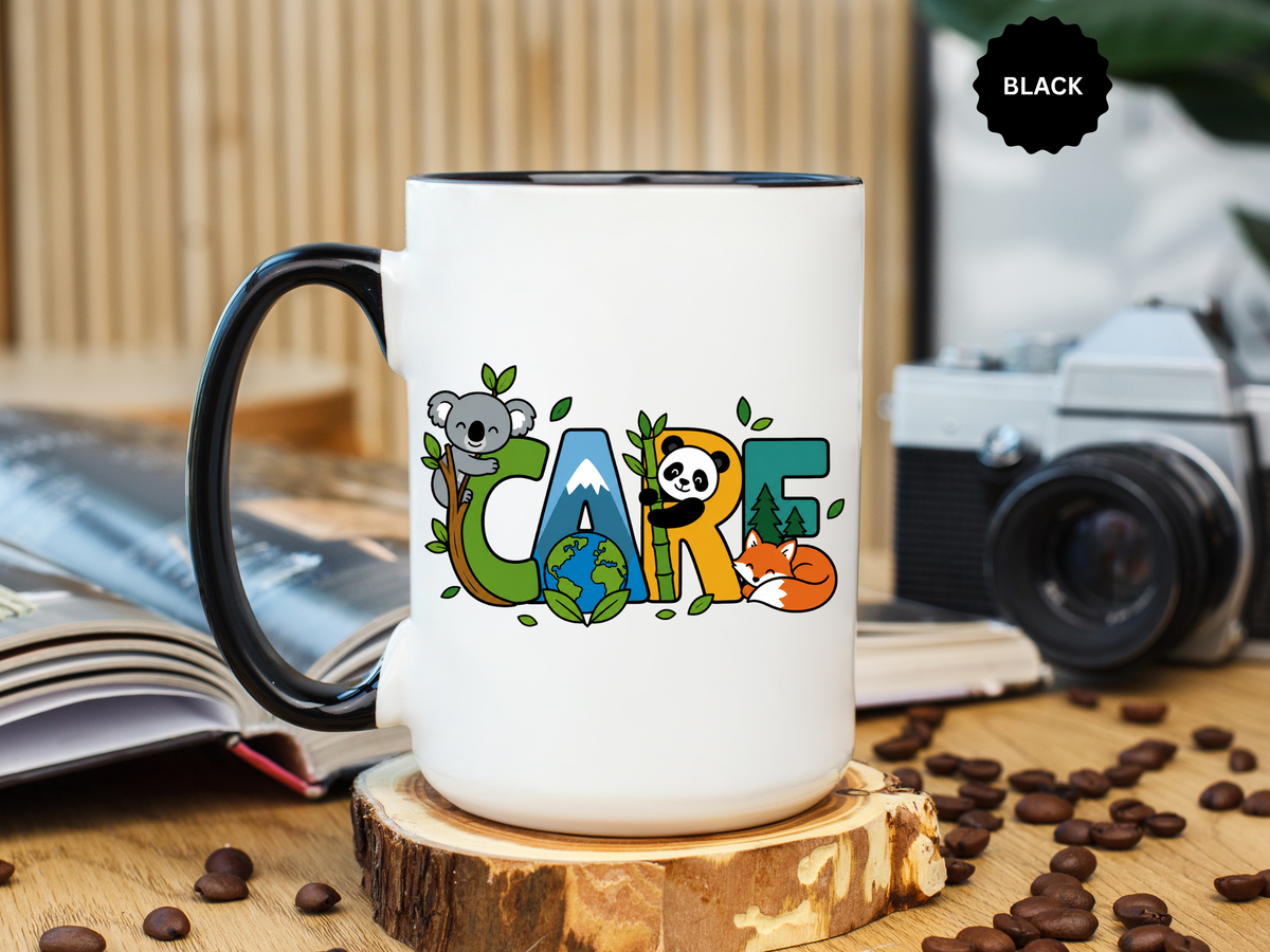 Earth Care Animal Mug, Eco Awareness Coffee Cup, Cute Wildlife Conservation Gift for Nature Lover, Earth Day Gift for Teacher or Mom