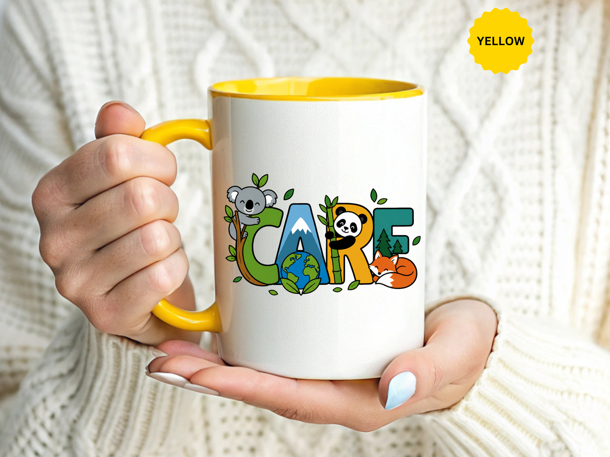 Earth Care Animal Mug, Eco Awareness Coffee Cup, Cute Wildlife Conservation Gift for Nature Lover, Earth Day Gift for Teacher or Mom