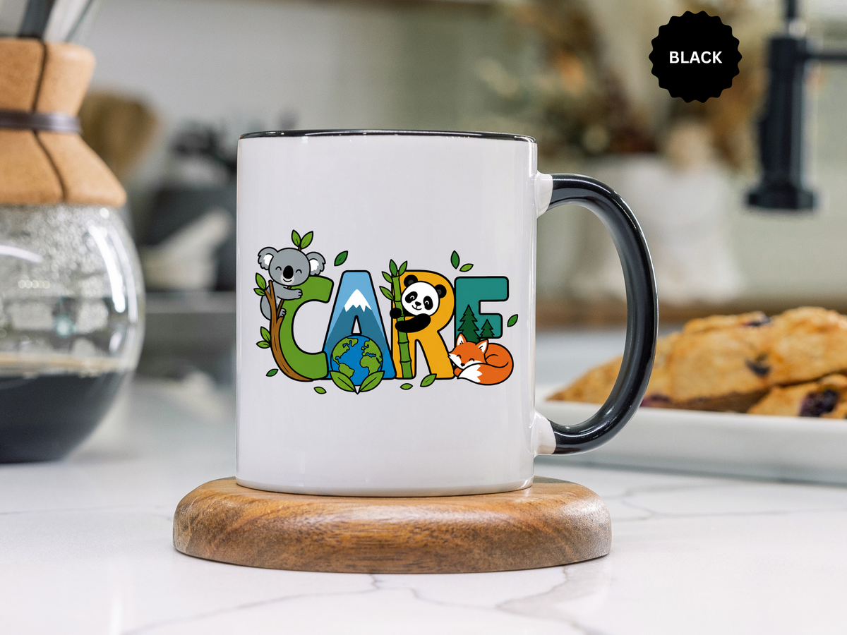 Earth Care Animal Mug, Eco Awareness Coffee Cup, Cute Wildlife Conservation Gift for Nature Lover, Earth Day Gift for Teacher or Mom