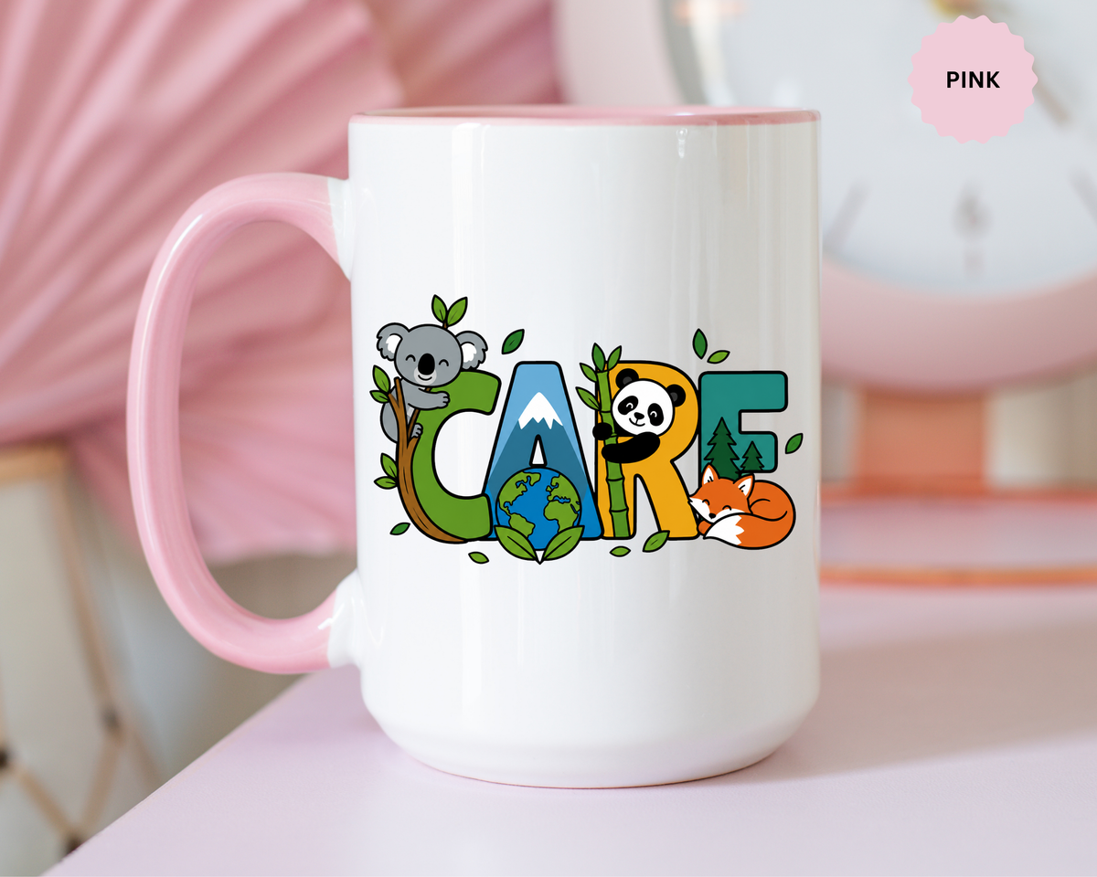 Earth Care Animal Mug, Eco Awareness Coffee Cup, Cute Wildlife Conservation Gift for Nature Lover, Earth Day Gift for Teacher or Mom