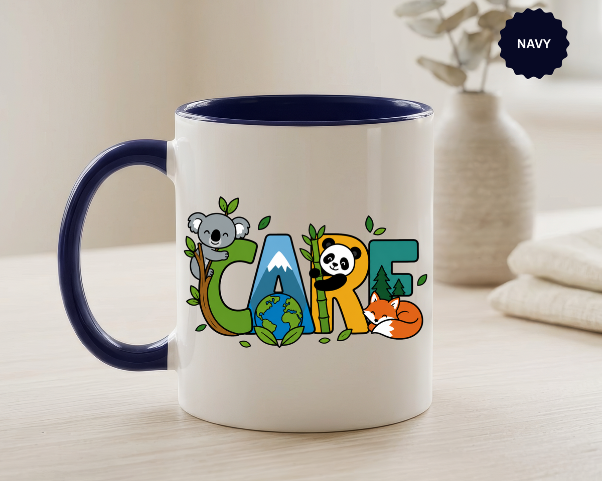 Earth Care Animal Mug, Eco Awareness Coffee Cup, Cute Wildlife Conservation Gift for Nature Lover, Earth Day Gift for Teacher or Mom