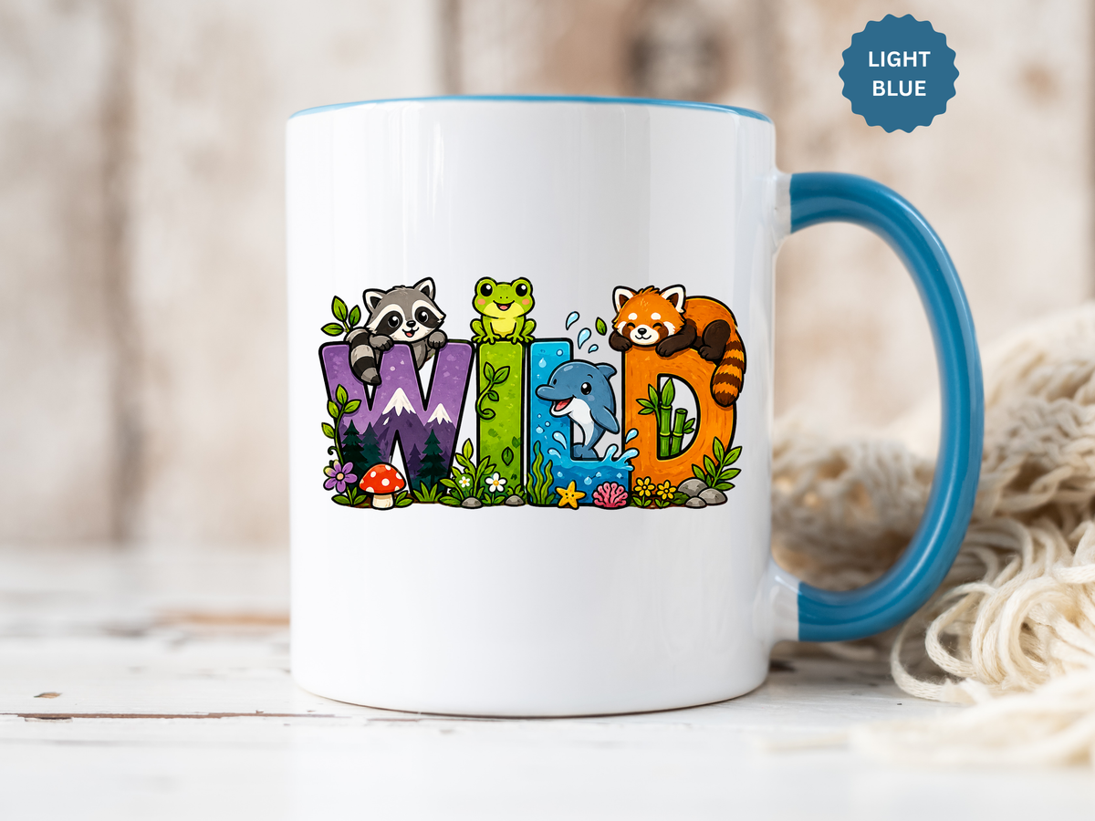 Wild Animal Mug, Colorful Nature Coffee Cup, Cute Wildlife Lover Gift for Kids, Zoo Teacher Classroom Drinkware, Birthday Present for Kids