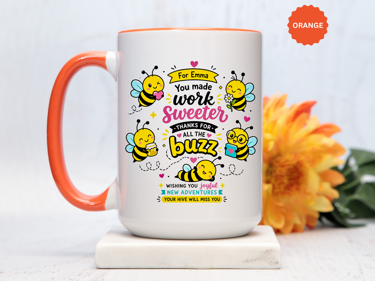Personalized Coworker Farewell Mug with Name, You Made Work Sweeter Coffee Cup, Leaving Gift from Team, New Job Bee Office Keepsake
