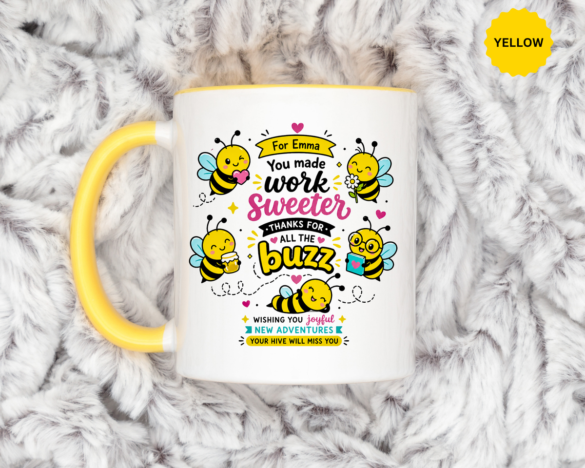 Personalized Coworker Farewell Mug with Name, You Made Work Sweeter Coffee Cup, Leaving Gift from Team, New Job Bee Office Keepsake
