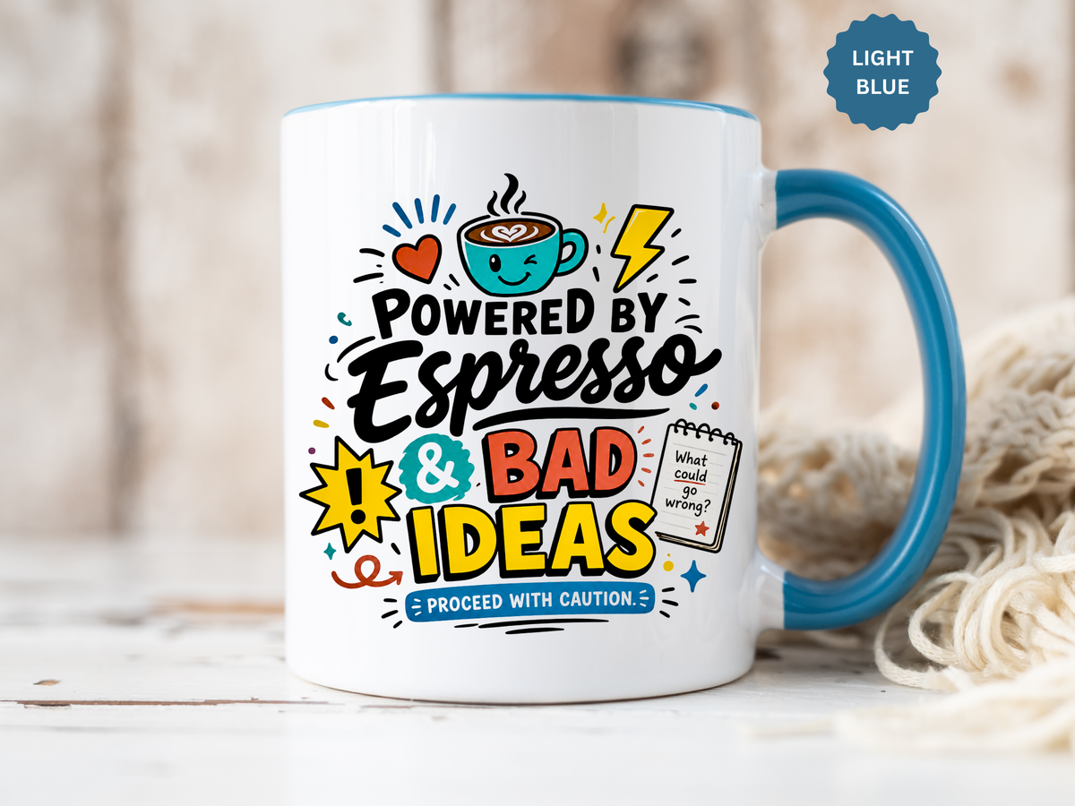 Powered by Espresso Mug, Funny Coffee Lover Cup, Bad Ideas Quote Gift for Coworker, Caffeine Addict Present, Office Humor Drinkware