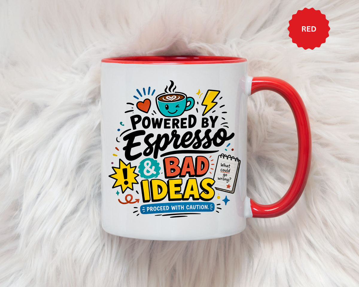 Powered by Espresso Mug, Funny Coffee Lover Cup, Bad Ideas Quote Gift for Coworker, Caffeine Addict Present, Office Humor Drinkware