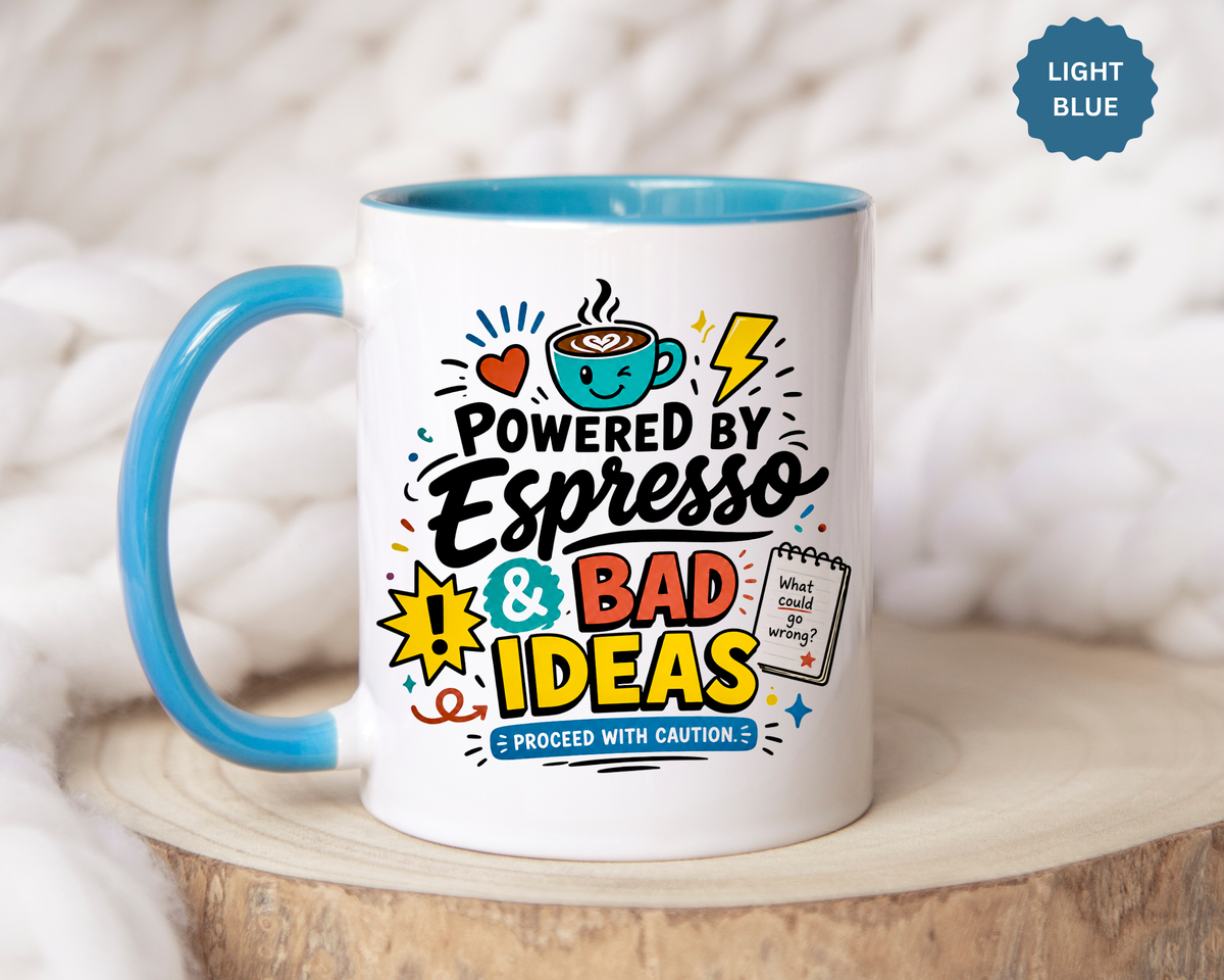 Powered by Espresso Mug, Funny Coffee Lover Cup, Bad Ideas Quote Gift for Coworker, Caffeine Addict Present, Office Humor Drinkware