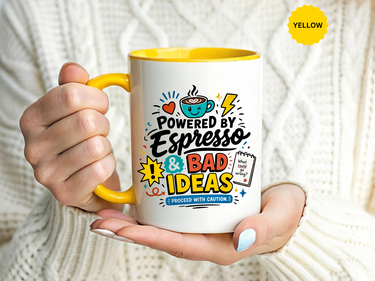 Powered by Espresso Mug, Funny Coffee Lover Cup, Bad Ideas Quote Gift for Coworker, Caffeine Addict Present, Office Humor Drinkware