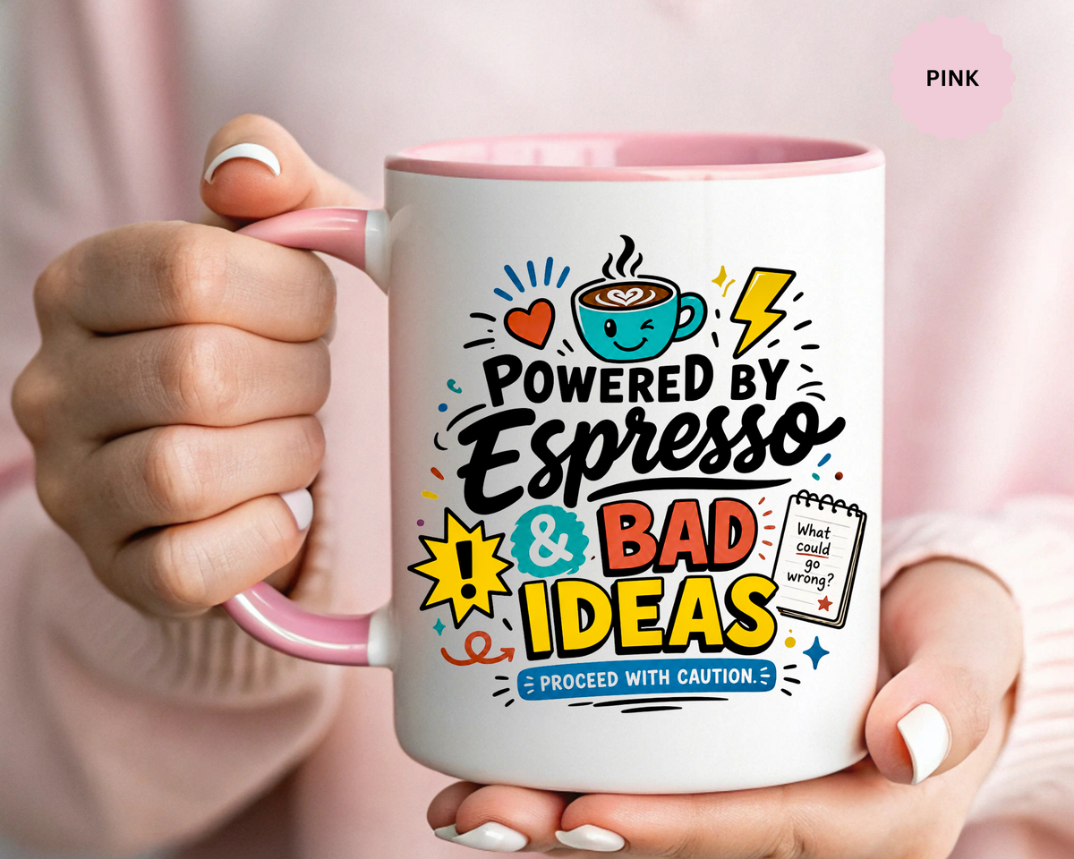 Powered by Espresso Mug, Funny Coffee Lover Cup, Bad Ideas Quote Gift for Coworker, Caffeine Addict Present, Office Humor Drinkware