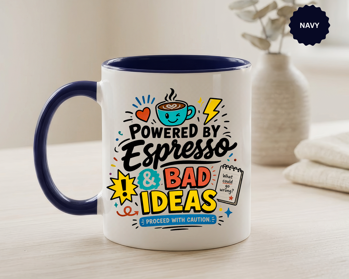 Powered by Espresso Mug, Funny Coffee Lover Cup, Bad Ideas Quote Gift for Coworker, Caffeine Addict Present, Office Humor Drinkware