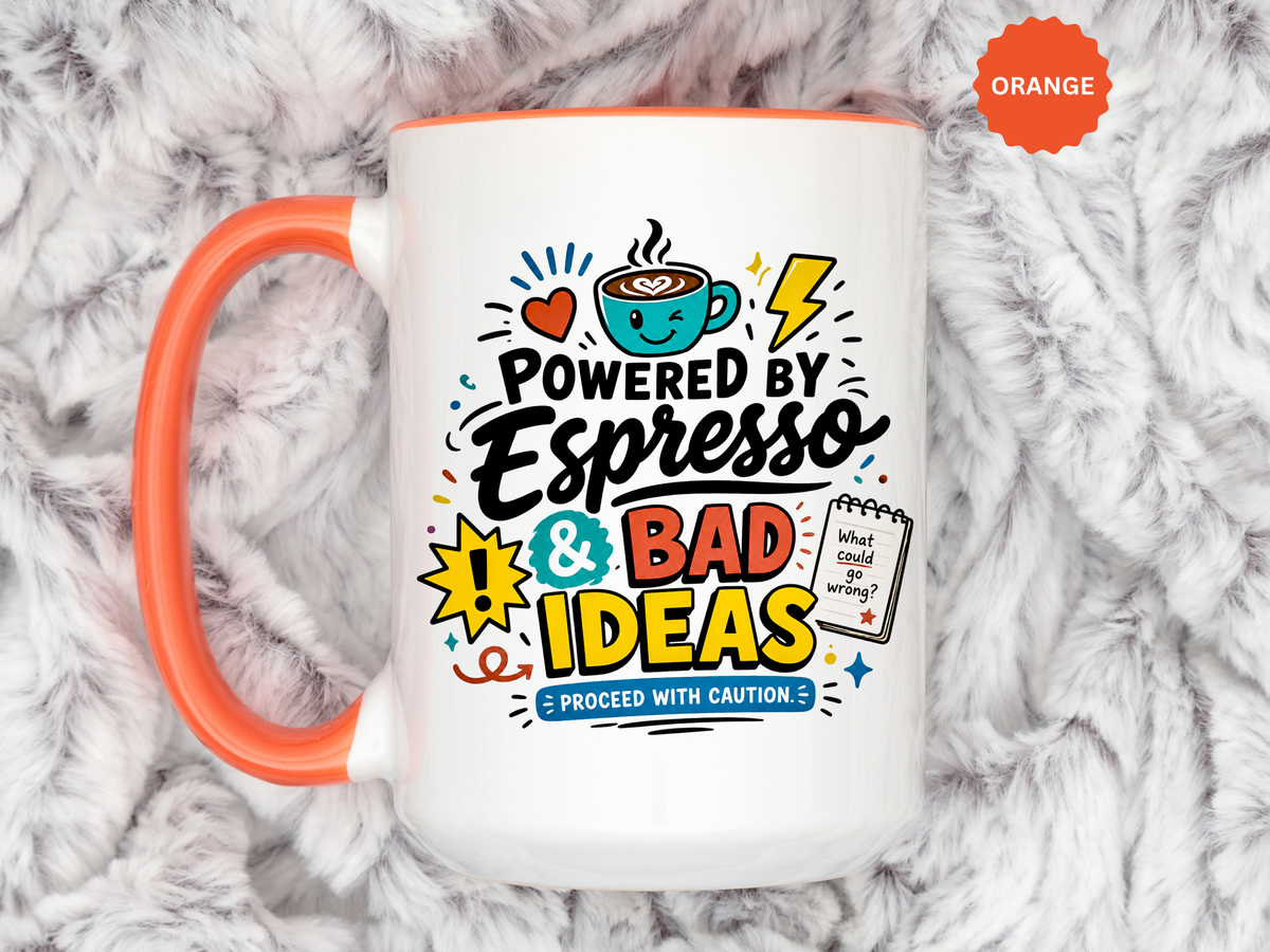 Powered by Espresso Mug, Funny Coffee Lover Cup, Bad Ideas Quote Gift for Coworker, Caffeine Addict Present, Office Humor Drinkware