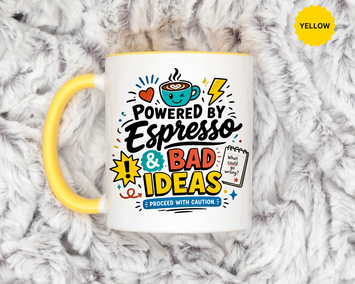Powered by Espresso Mug, Funny Coffee Lover Cup, Bad Ideas Quote Gift for Coworker, Caffeine Addict Present, Office Humor Drinkware