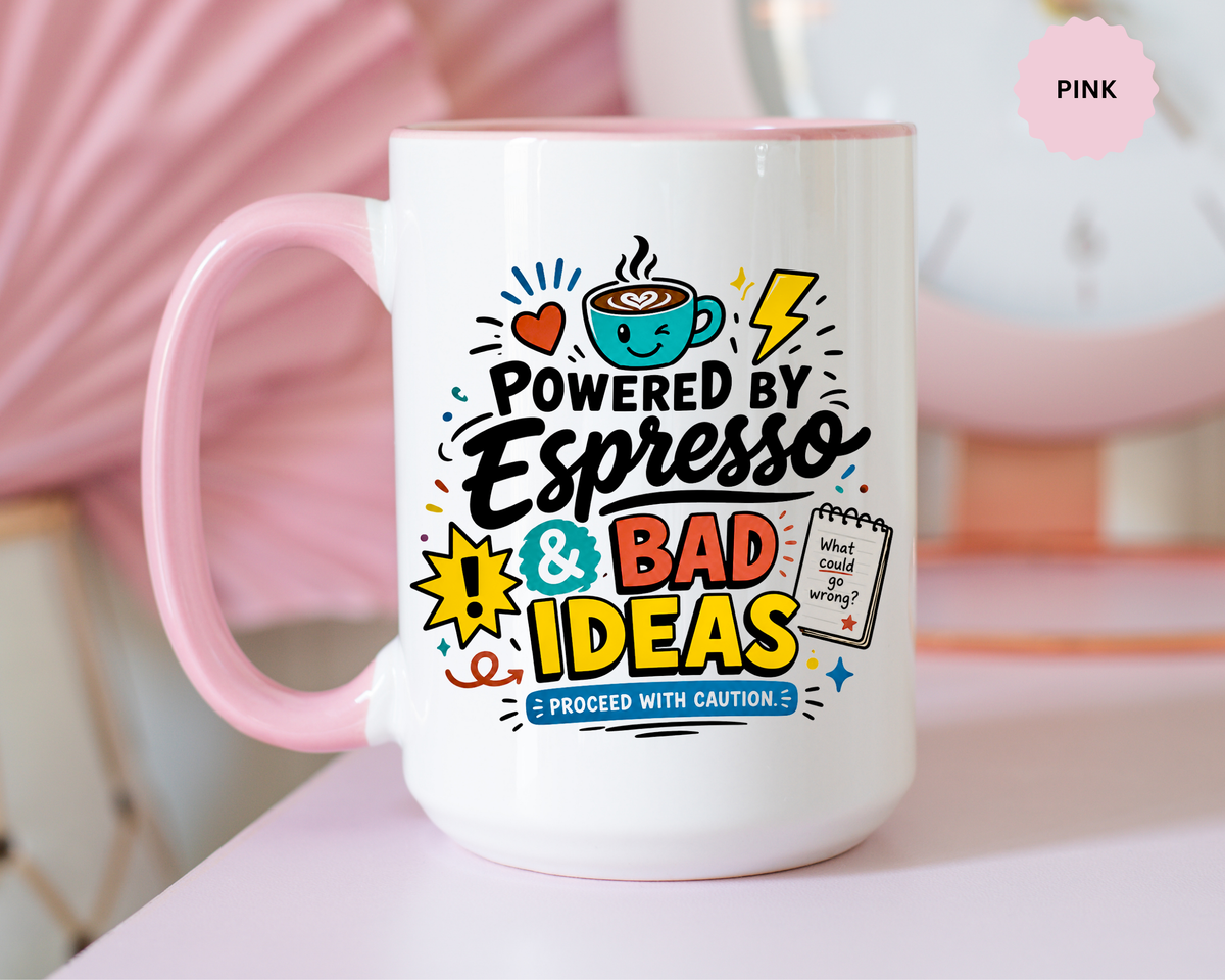 Powered by Espresso Mug, Funny Coffee Lover Cup, Bad Ideas Quote Gift for Coworker, Caffeine Addict Present, Office Humor Drinkware