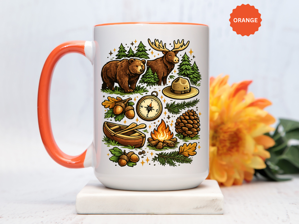 Camping Mug, Woodland Wildlife Coffee Cup, Bear and Moose Outdoor Gift, Rustic Cabin Kitchen Decor, Birthday Present for Camper or Hiker