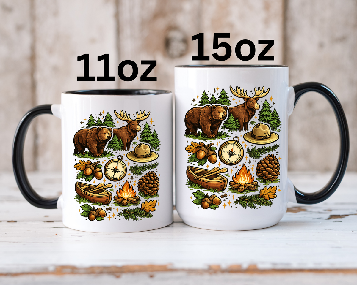 Camping Mug, Woodland Wildlife Coffee Cup, Bear and Moose Outdoor Gift, Rustic Cabin Kitchen Decor, Birthday Present for Camper or Hiker