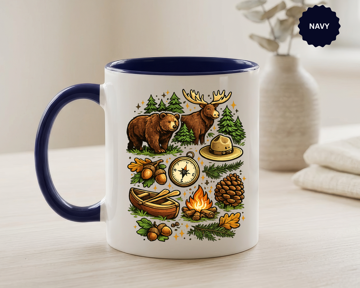 Camping Mug, Woodland Wildlife Coffee Cup, Bear and Moose Outdoor Gift, Rustic Cabin Kitchen Decor, Birthday Present for Camper or Hiker