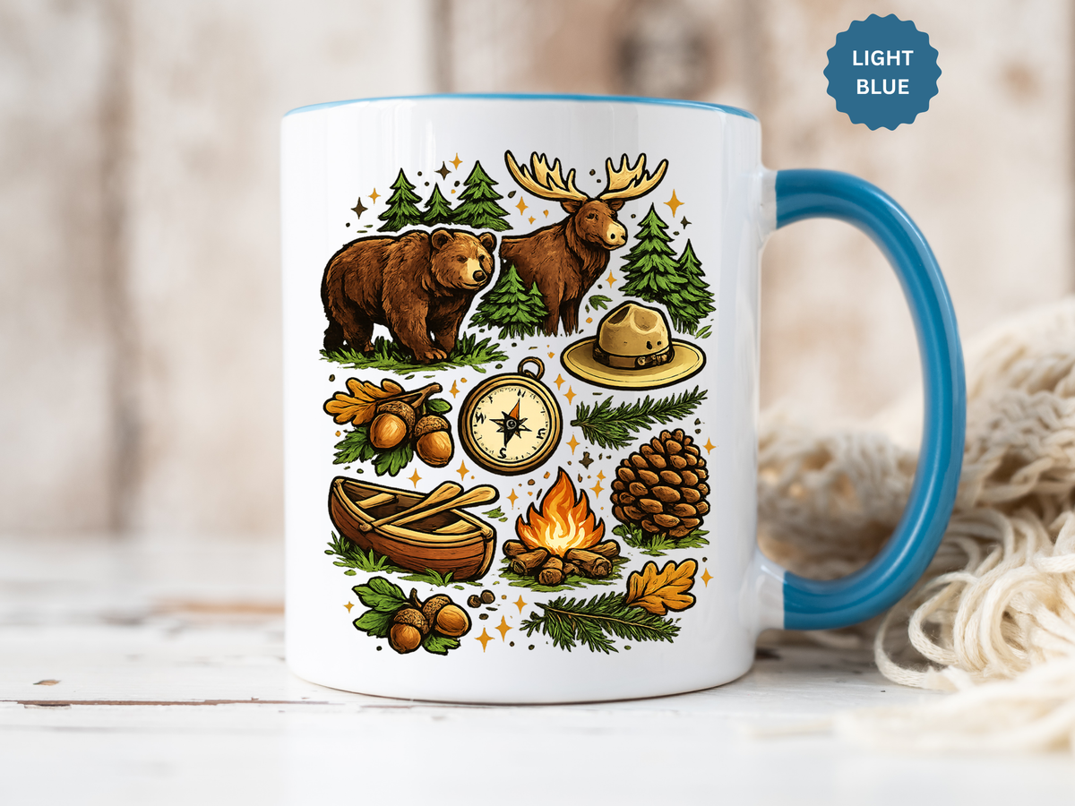 Camping Mug, Woodland Wildlife Coffee Cup, Bear and Moose Outdoor Gift, Rustic Cabin Kitchen Decor, Birthday Present for Camper or Hiker