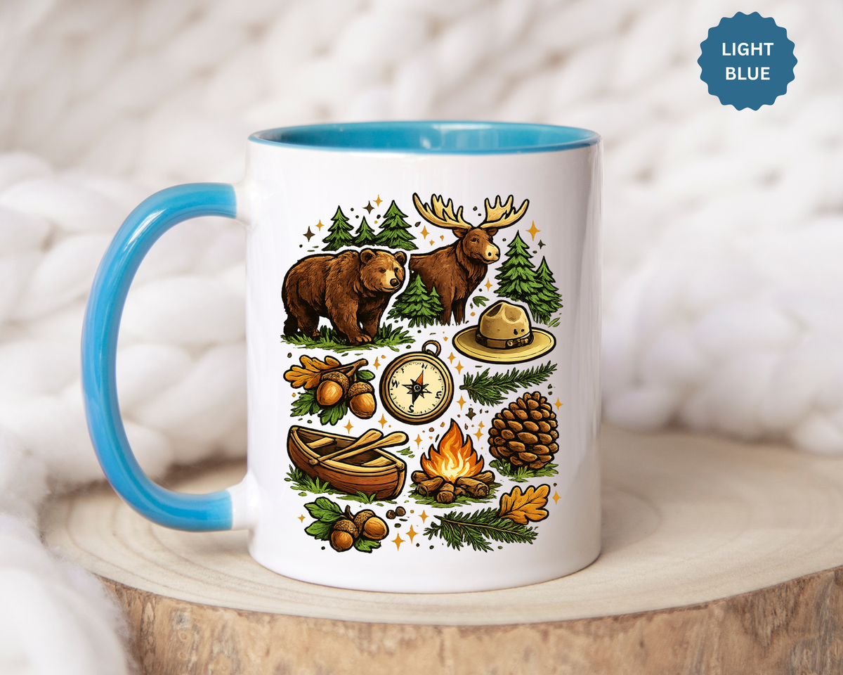Camping Mug, Woodland Wildlife Coffee Cup, Bear and Moose Outdoor Gift, Rustic Cabin Kitchen Decor, Birthday Present for Camper or Hiker