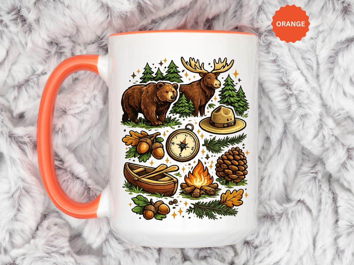 Camping Mug, Woodland Wildlife Coffee Cup, Bear and Moose Outdoor Gift, Rustic Cabin Kitchen Decor, Birthday Present for Camper or Hiker
