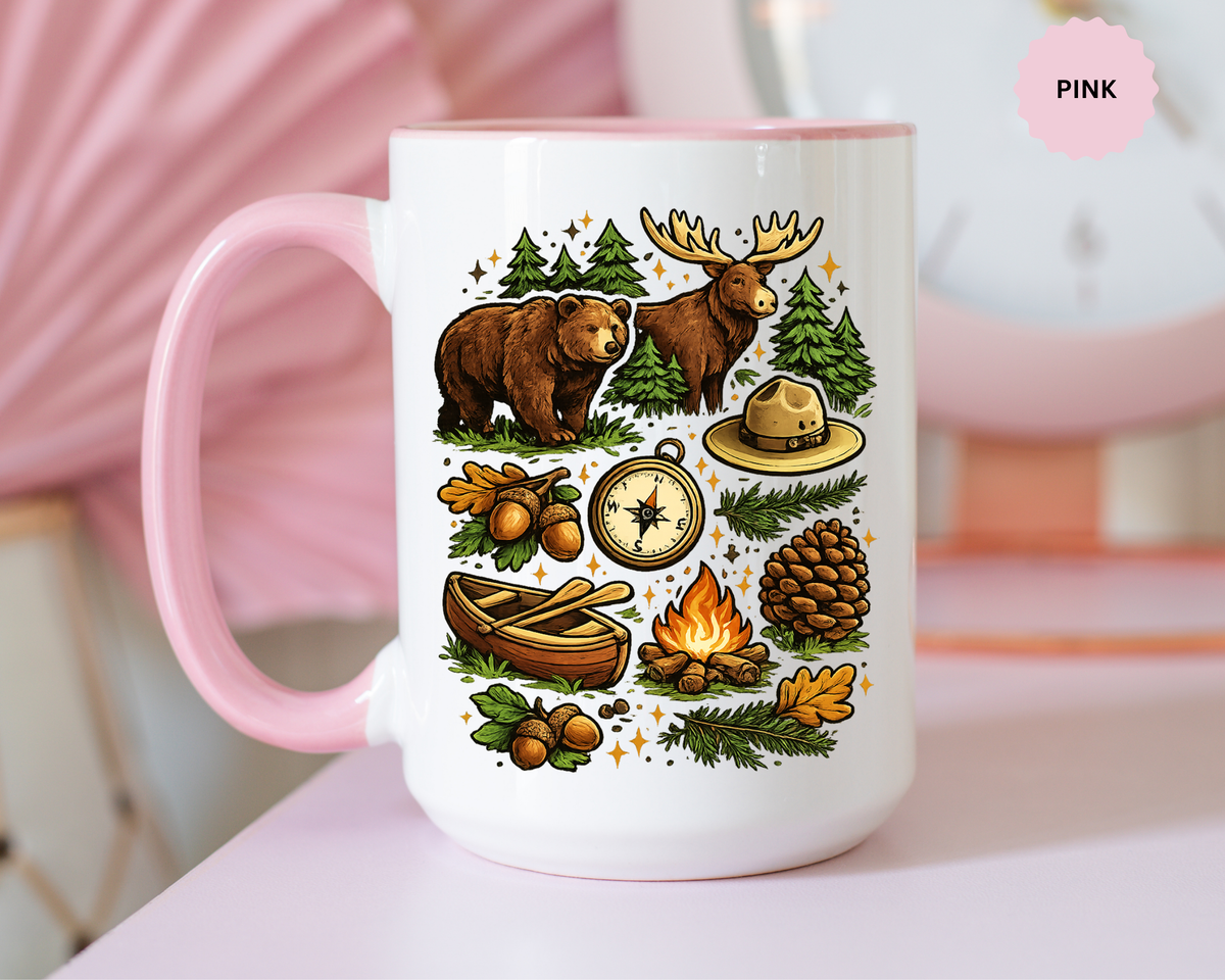Camping Mug, Woodland Wildlife Coffee Cup, Bear and Moose Outdoor Gift, Rustic Cabin Kitchen Decor, Birthday Present for Camper or Hiker