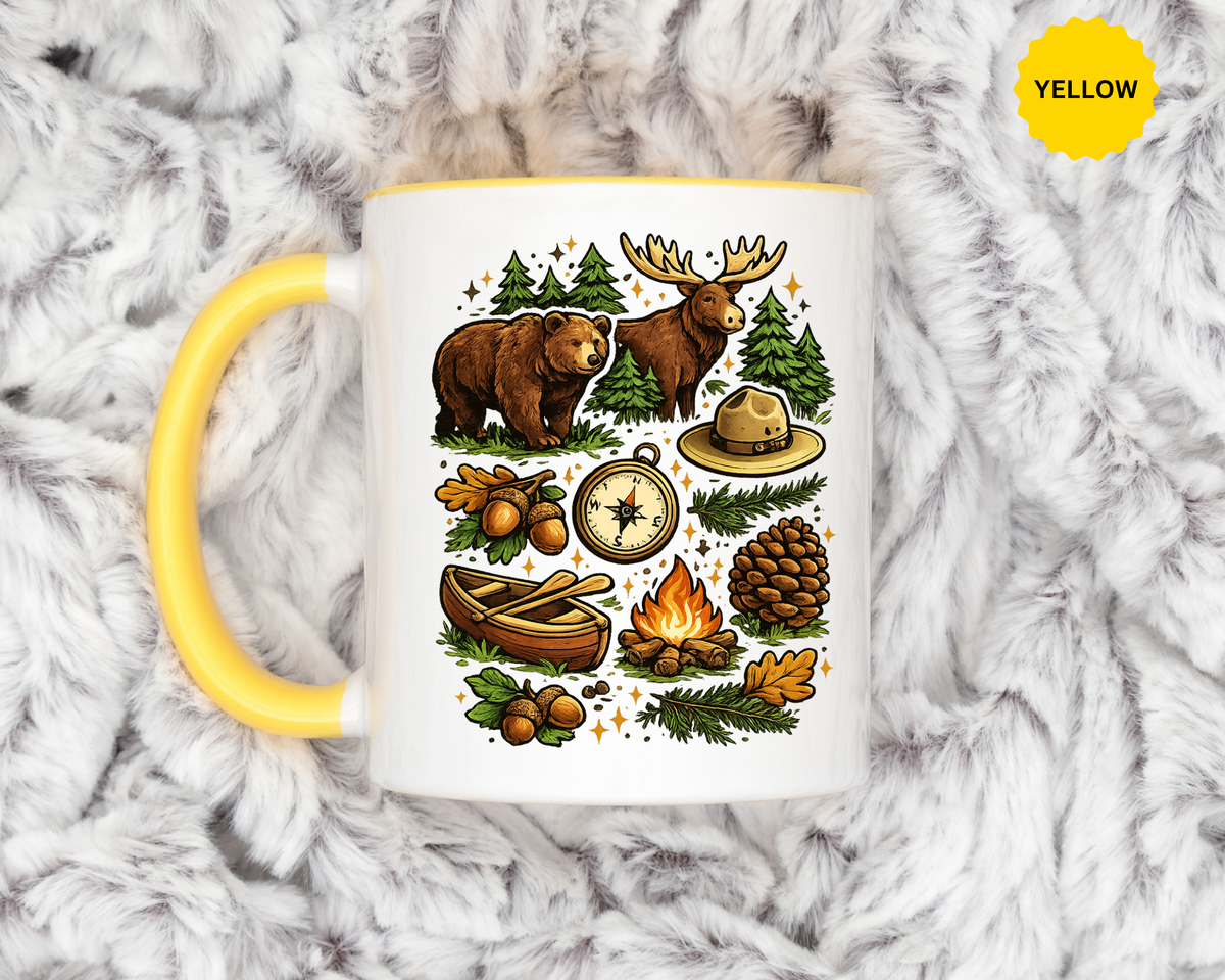Camping Mug, Woodland Wildlife Coffee Cup, Bear and Moose Outdoor Gift, Rustic Cabin Kitchen Decor, Birthday Present for Camper or Hiker